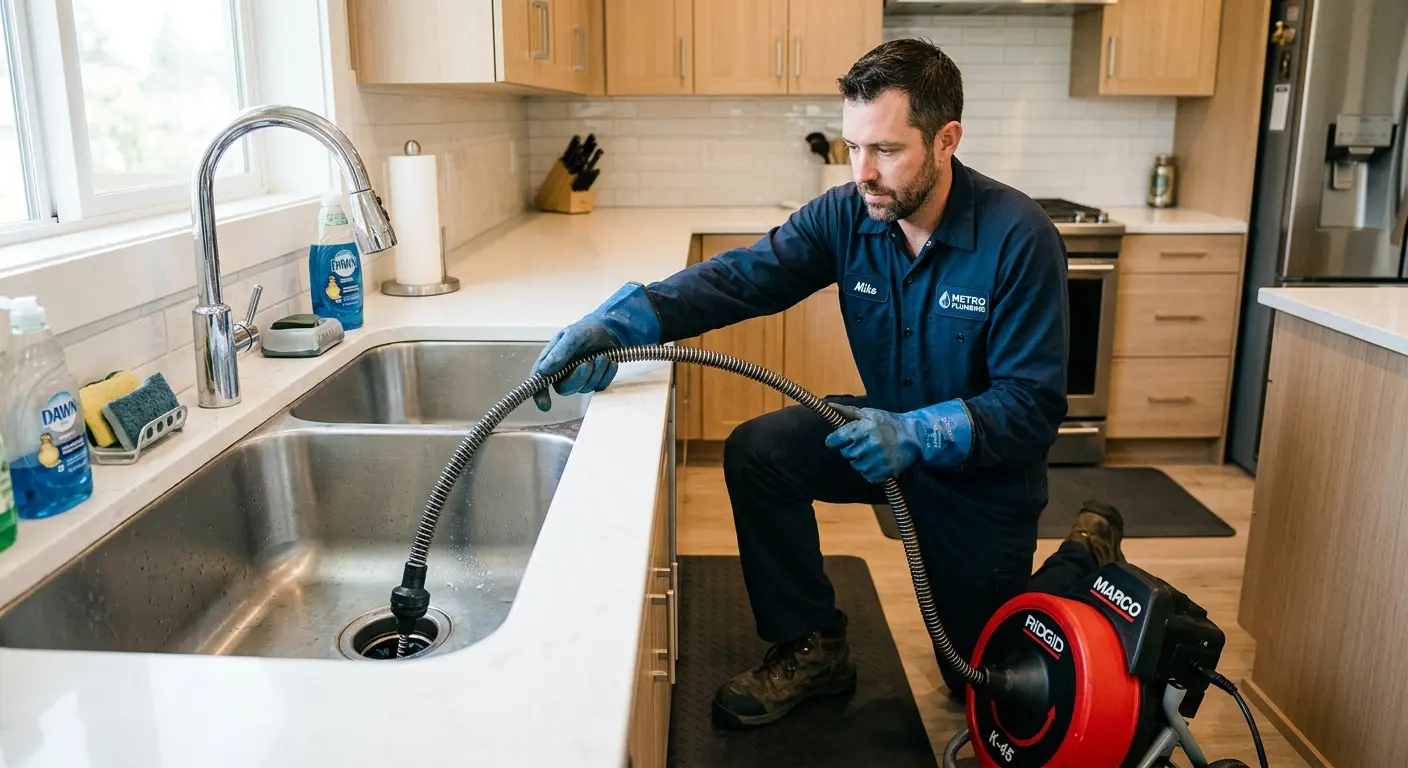 Drain cleaning technician using a motorized snake on a kitchen sink in La Homa
