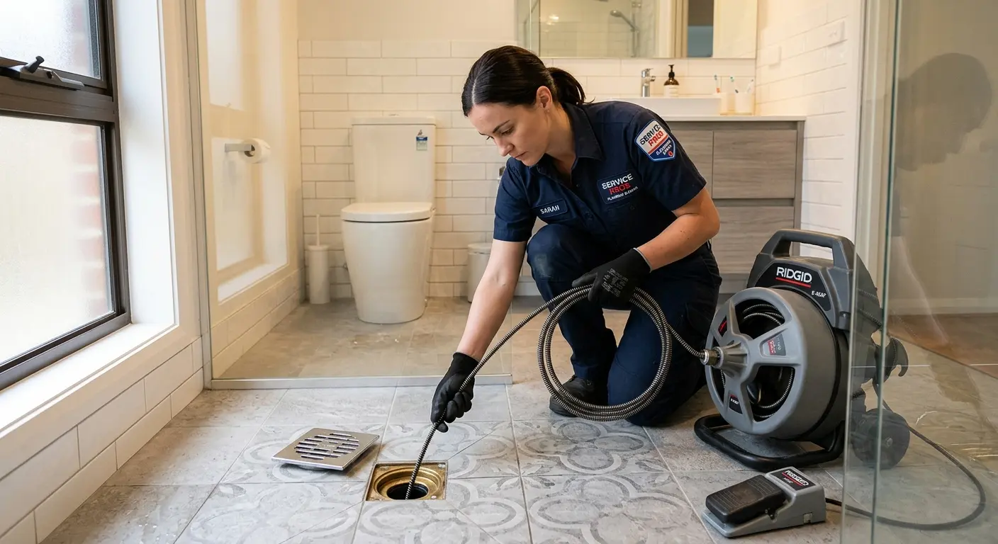 Technician clearing a bathroom floor drain for Sewer Line Installation in La Homa